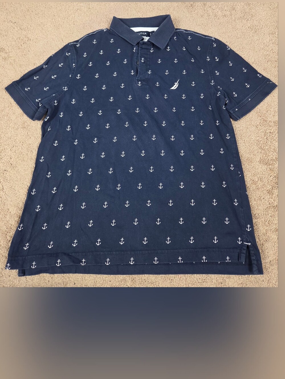 Nautica Navy Short-Sleeve V-Neck Polo with White Anchor Pattern